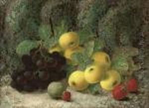 Grapes, Apples, Plum, Raspberries And Strawberries On A Mossybank by Oliver Clare