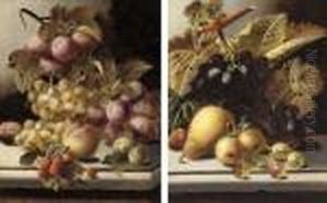 Plums, Grapes, A Peach And 
Raspberries On A Stone Ledge; Andgrapes, Greengages, Strawberry, Pear 
And Gooseberries On A Stoneledge by Oliver Clare