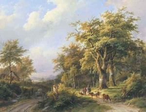 Travellers resting on a forest path in a wooded valley by Johann Bernard Klombeck