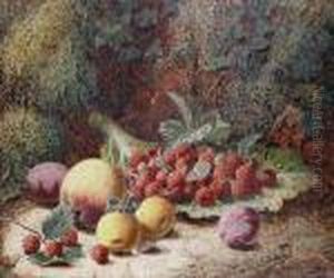 Raspberries, Plums And Other Fruit On A Mossy Bank