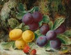 Still Life Of Plums And Strawberries On Amossy Bank Still Life Of Plums And Strawberries On Amossy Bank