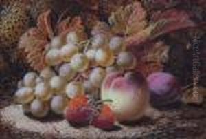 Black Grapes, Pears,
Gooseberries, An Appleand A Raspberry Against A Bank; Green Grapes,
Strawberries, A Peachand A Plum Against A Bank by Oliver Clare