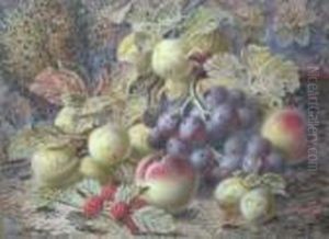 A Still Life Composition Of Grapes, Plums And Raspberries A Still Life Composition Of Grapes, Plums And Raspberries