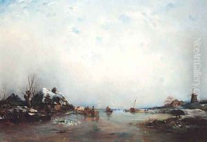 A Winter Landscape with Figures in Sledges on a frozen River by Johann Bernard Klombeck
