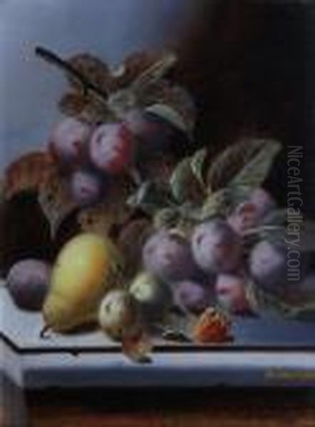 Black Grapes, Plums, Peaches, 
Gooseberries And Raspberries On A Ledge; Plums, Greengages, A Pear And A
 Strawberry On A Ledge - view 1