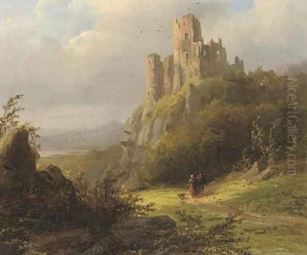 Travellers on a sunlit path by a ruin - view 1
