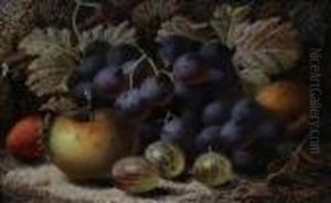 Still Life Study Depicting An Apple, Goosberriesand Other Fruit On A Mossy Bank by Oliver Clare