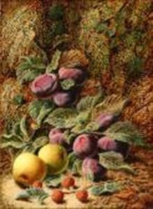 Still Life With Plums, Apples And Raspberries by Oliver Clare