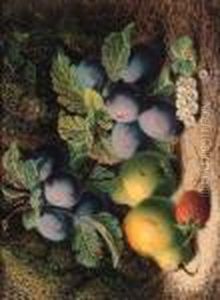 Plums, Pears, Whitecurrants, And A Strawberry, On A Mossybank by Oliver Clare