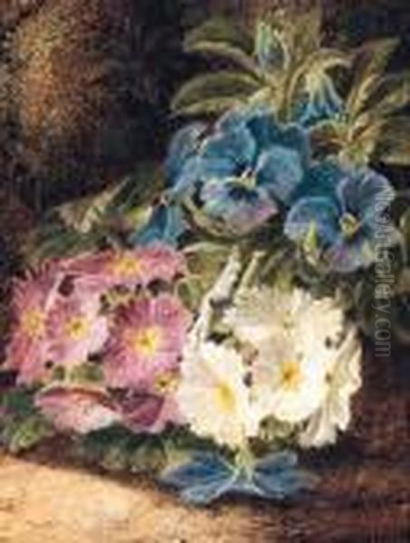 Pansies And Primulas, On A Mossy Bank - view 1