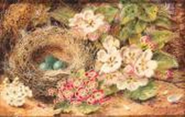 Apple Blossom, Primulas, A Bird's Nest With Eggs, On A Mossybank - view 1
