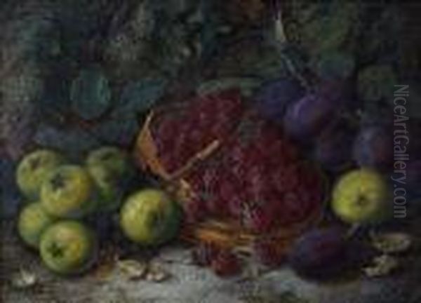 Raspberries, Plums And Apples On A Mossy Bank - view 1