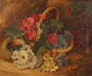 Still Life Of Grapes In A Basket, And Anotherof Flowers On A Mossy Bank A Pair by Vincent Clare