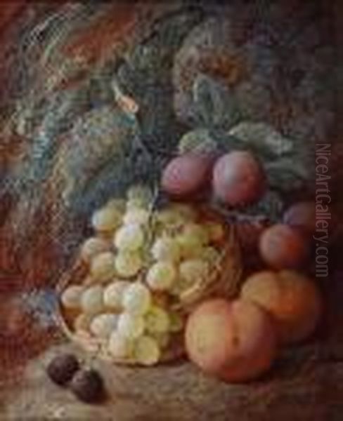 Green Grapes In A Basket, Plums, Peaches Andblack Grapes Against A Mossy Bank - view 1