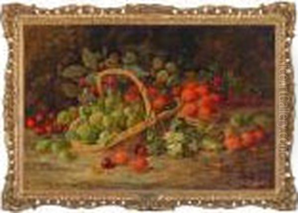 Gooseberries, Strawberries, 
Raspberries, Cherries And Grapes Inbaskets On A Mossy Bank With Ivy - view 1