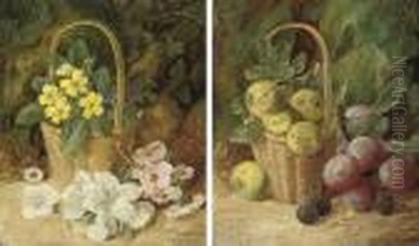 Primroses In A Basket On A Mossy Bank - view 1