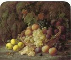 Peaches, Grapes And Plums In A Basket With Apples On A Mossy Bank by Vincent Clare