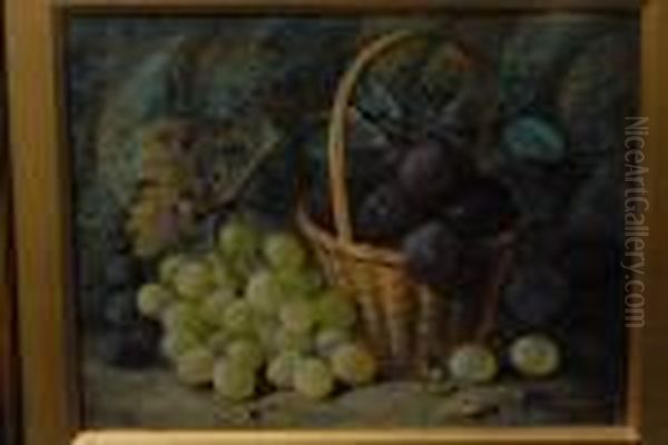 Still Life, A Basket Of Ripe Plums And Grapes On A Mossy Bank - view 1