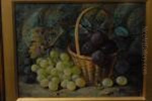 Still Life, A Basket Of Ripe Plums And Grapes On A Mossy Bank by Vincent Clare