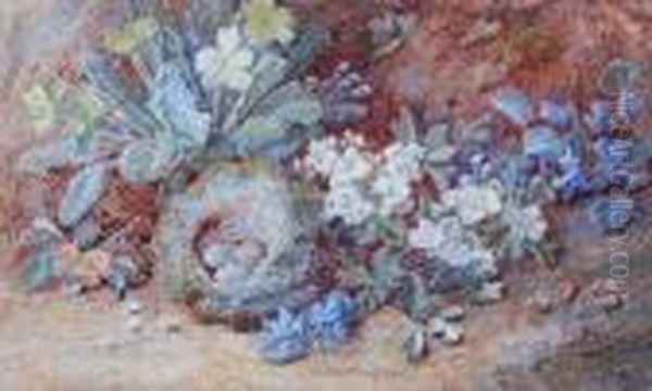 Plums, Peaches And Green Grapes 
In A Punnetagainst A Bank; Primroses, A Bird's Nest And Other Spring 
Flowersagainst A Bank - view 1