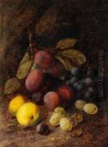 Still Life, Ripe Plums, Grapes And Apples On A Mossy Bank - view 1