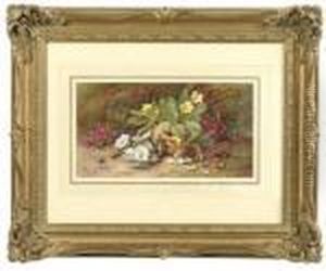 Yellow Primroses, White Nasturtiums And Other Flowers In A Basket On A Mossy Bank