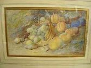 Watercolour, Stilllife Peaches, Plums And Grapes In A Basket