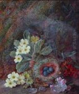 Primroses And Further Flowers On
 A Mossy Bank And Plums And An Upturned Basket Of Grapes On A Mossy Bank