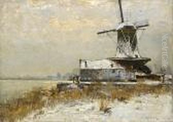Niederrheinische Winterlandschaft Mit Wassermuhle - view 1