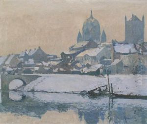 Winterlandschaft Mit Rhein Und Stadtsilhouette Von Neuss by Maximilian Clarenbach