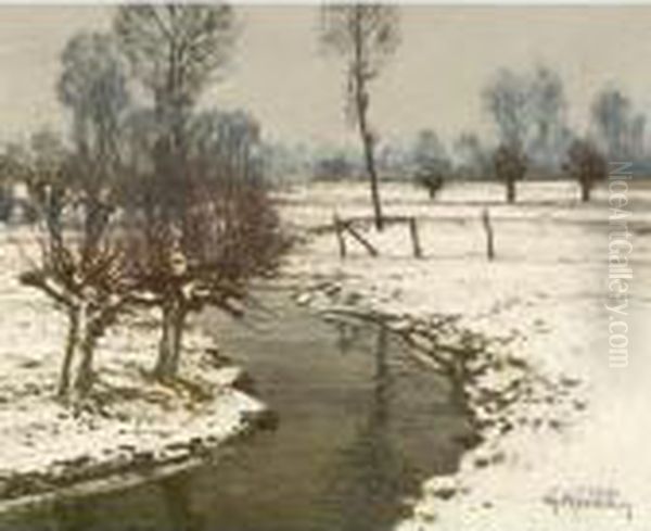 Von Kopfweiden Flankierter 
Schmaler Flusslauf, Zwischenschneebedeckten Ackern Maandrierend - view 1