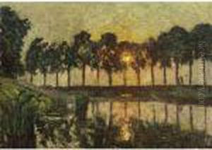 Trees By A Lake, Sunset by Emile Claus