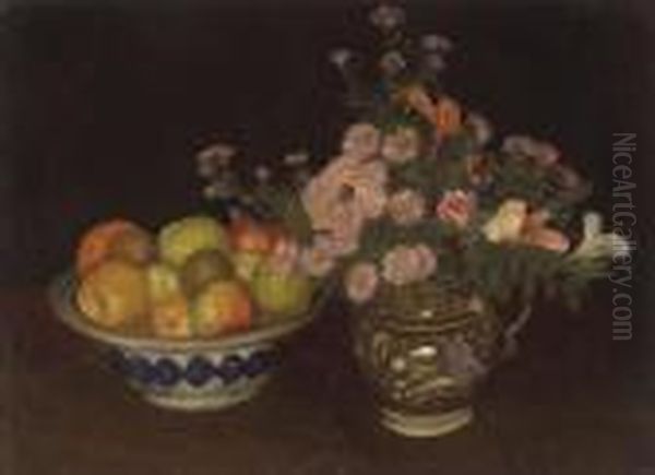 A Jug Of Wild Flowers And Fruit In A Bowl - view 1