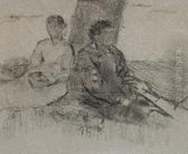 Two Figures By A Tree
 Signed With Initials 'gc' (lower Centre),
 Charcoal - view 1