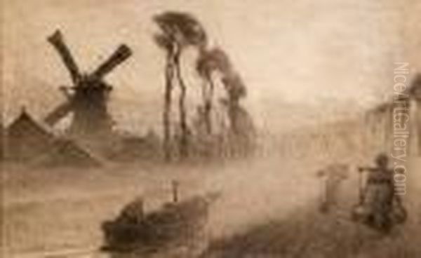 Chalk Drawing A Dutch Canal Scene With Figures, Bargeand Windmill - view 1