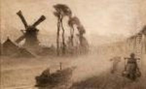 Chalk Drawing A Dutch Canal Scene With Figures, Bargeand Windmill by George Clausen