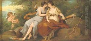 Jupiter disguised as Diana with Callisto, seated on a rock in a wooded landscape with Cupid beyond by Angelica Kauffmann