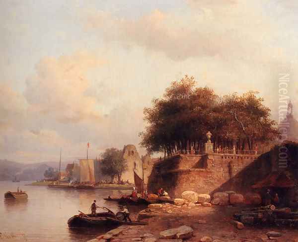 Numerous Townsfolk On A Quay Of A Town Along The Rhine - view 1