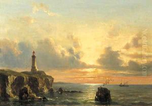 A coastal landscape with a lighthouse at sunset