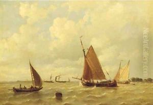 Sailing vessels and a steamship by a coast by Everhardus Koster