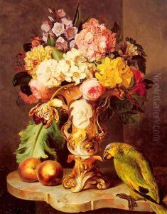 A Still Life with a Vase of Assorted Flowers, Peaches and a Parrot on a Marble Ledge by Ferdinand Kuss