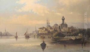 Trading vessels on the Bosphorous at dusk, Istanbul by Karl Kaufmann