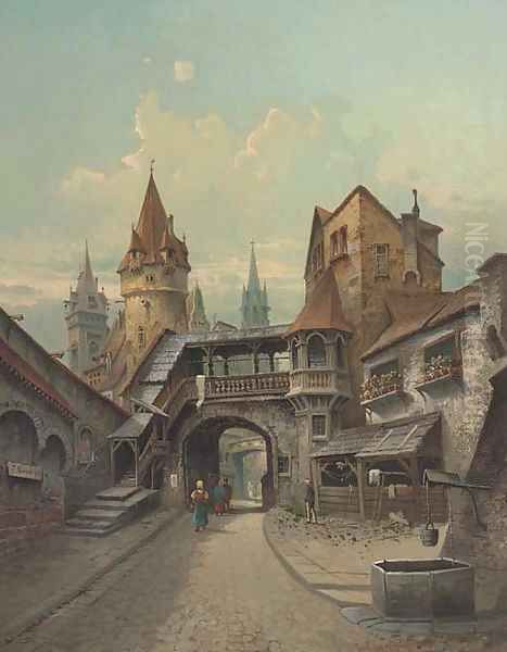 Figures ambling down a Continental street - view 1