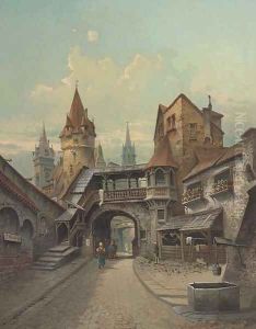 Figures ambling down a Continental street by Karl Kaufmann