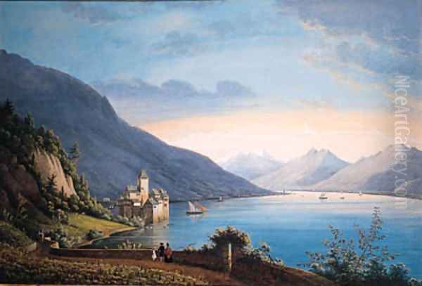 A View of the Lake of Geneva, with people near a vineyard in the foreground looking at sailing-boats and a castle beyond - view 1