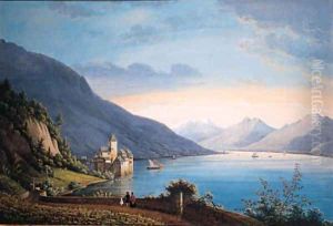 A View of the Lake of Geneva, with people near a vineyard in the foreground looking at sailing-boats and a castle beyond
