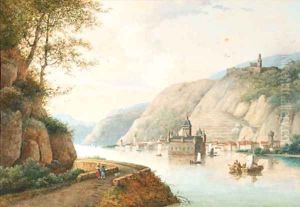 A view of the Pfalzgrafenstein at Kaub on the river Rhine, Gutenfels Castle above by Henri Knip