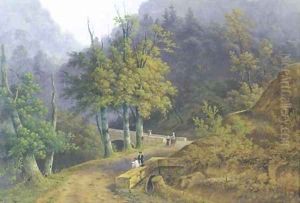 A mountainous wooded landscape with a draughtsman seated on a bridge and other figures strolling on a path