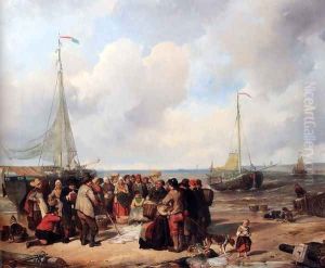 De afschlag van visch aan het strand te Scheveningen: a fish auction on the beach by Herman Frederik Carel ten Kate