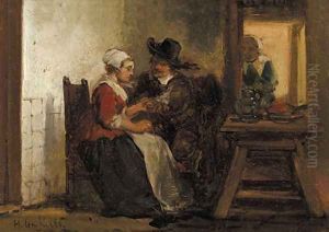 A peasantwoman with a visitor in an interior